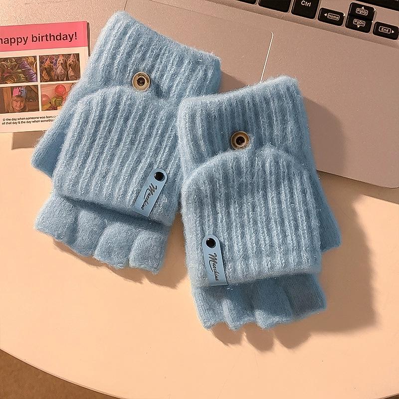 Plush Flip Gloves Female Dew Half Finger Student Writing Warm Thickened Autumn and Winter Knitted Cold Riding Can Touch Screen