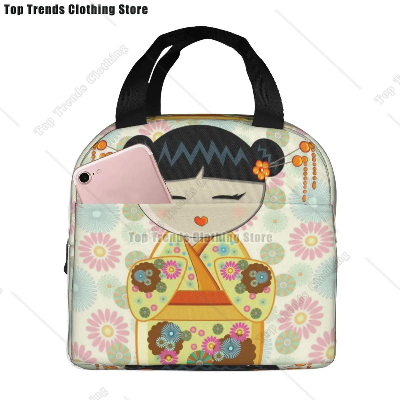 

Японская кукла Кейко Кокеши, термосумка для ланча, милый дизайн, кимоно, куклы-гейши, термосумка для девочек, термобоксы для бенто, ланч-боксы 22x20x13CM белый