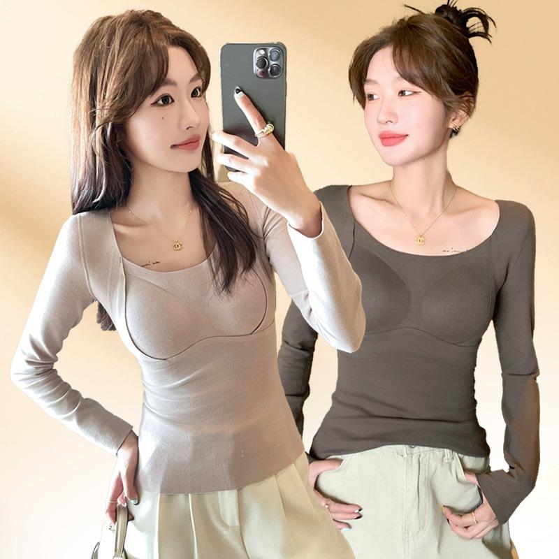 Double-sided abraded silk bottoming shirt for women in autumn and winter with chest pads, warm and piled thickened non-marking top