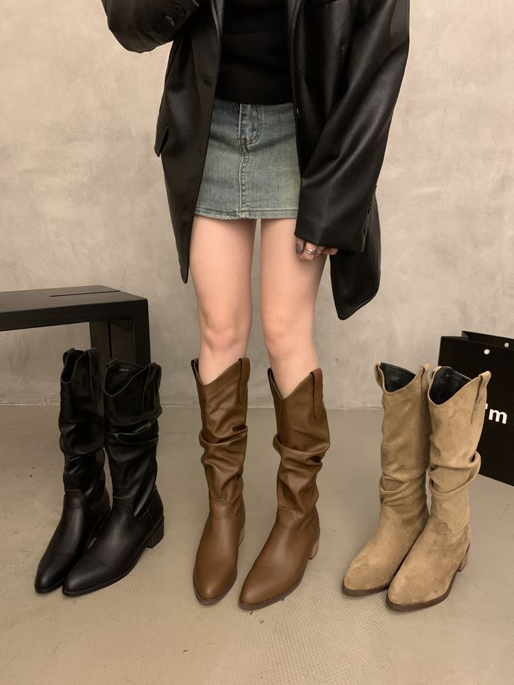 Coarse heel pleated long knight boots women's shoes 2025 new autumn and winter western thin and thin long boots