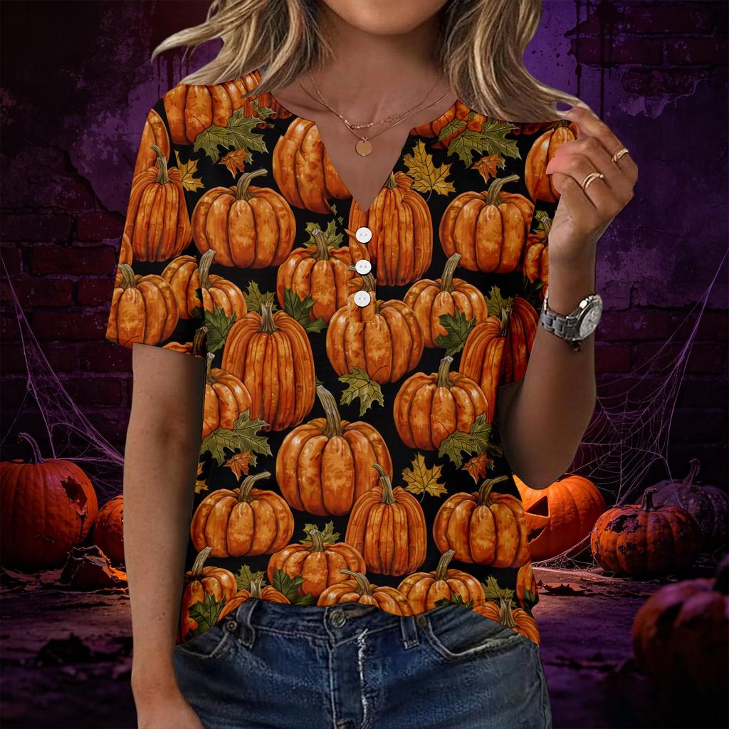 Women’s Casual Halloween Print V Neck Short Sleeve T Shirt Top with Decorative Button for Everyday Wear