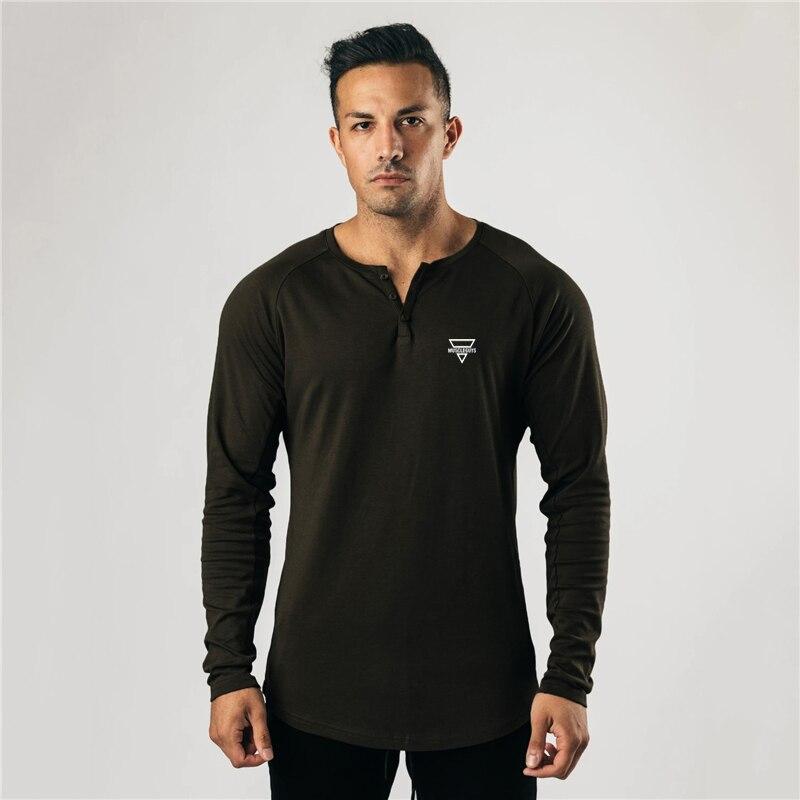 Tynn menns langermet bomull komfortabel T-skjorte Henry Neck Fitness Bottoming Slim Topp