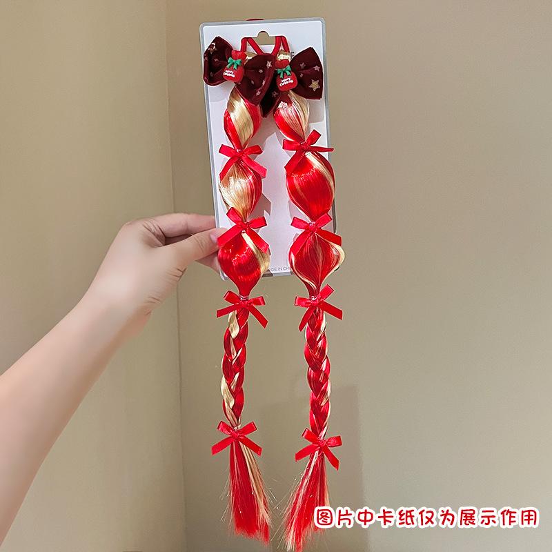 Christmas Children'S Hair Accessories Red Bow Santa Lantern Wig Braid Hair Ring Bubble Braid Wig Headband