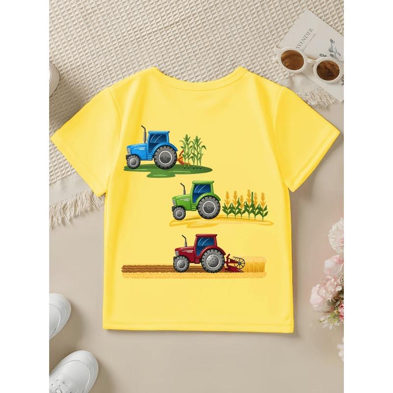 Boy Crewneck Short Sleeve T-Shirt, Cartoon Tractor Harvester Print Green Blue Red Casual Tee