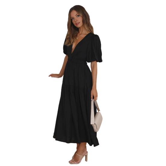 Women's Bohemian Long Dress Deep V Neck Puff Short Sleeve Swing Dress Summer Tiered Flowy A Line Midi Dress