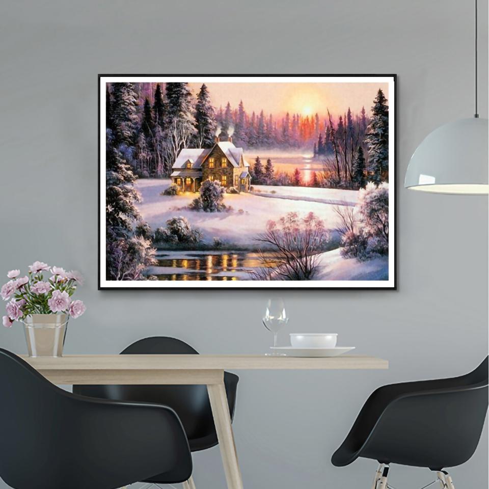5D DIY Diamond Painting Landscape Winter House Full Round Rhinestone Embroidery Cross Stitch Kit Mosaic Picture Decoration Gift