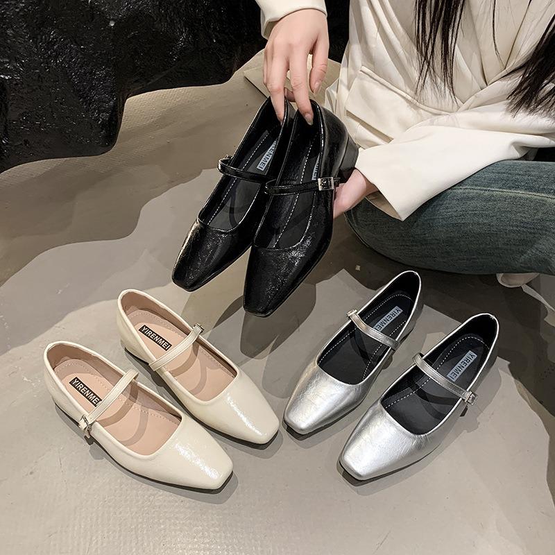 Mary Jane Shoes Women's Spring New Spell Silver Square Head Thick Heel Light Mouth Single Shoes Versatile High Heels Women
