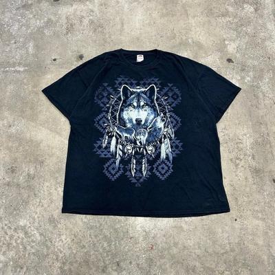 Y2K Tribal American Wolf Print Graphic Black T-Shirt Mens Size 3X