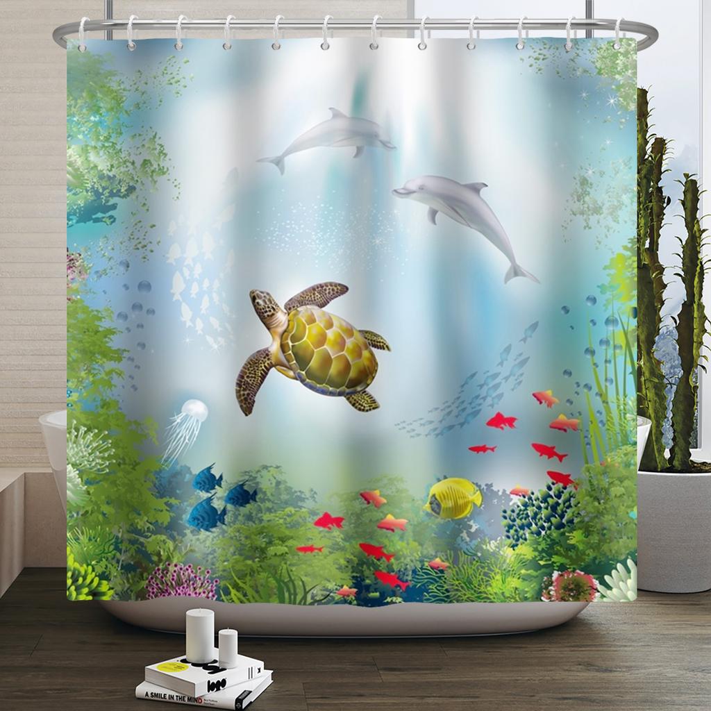 Underwater World Ocean Shower Curtain for Bathroom Seabed Animals Sea Turtle Dolphin Fish Waterproof Bathroom Curtain With Hooks