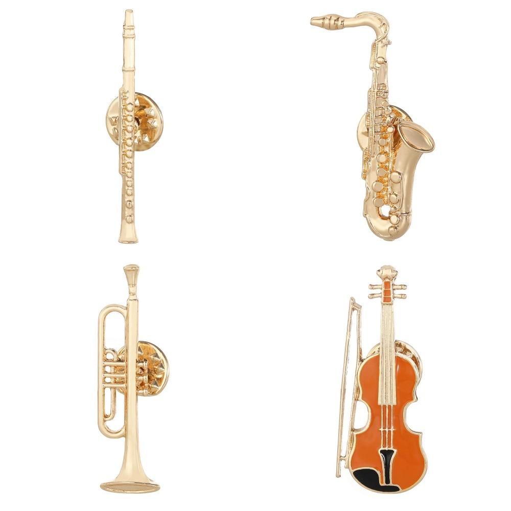 Funny Musical Instruments Enamel Brooches Trumpet Clarinet Saxophone Violin Shaped Golden Pins Symphony Orchestra Badge