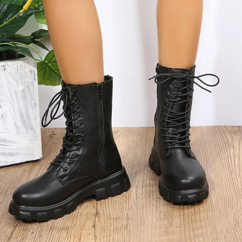 Boots Women  Autumn Winter PU Leather White Ankle Boots Motorcycle Botines Female Chunky Heels Platform Boots
