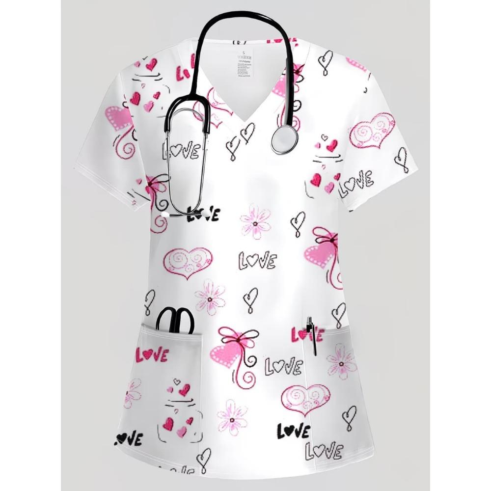 Nursing Uniform Woman Comfortable Dentist Vet V-Neck Short Sleeve Women Scrub Fashion Heart Pattern Print Clinical Uniform Woman