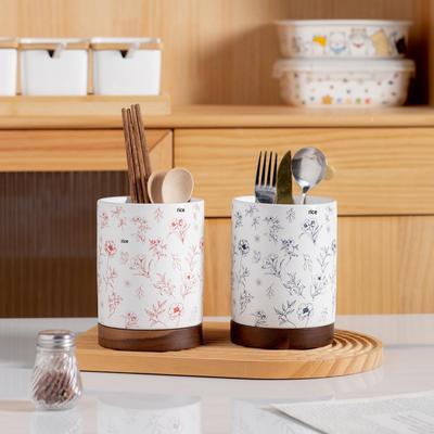 Creative Blooming Flowers Ceramic Chopstick Holder with Base and Drainage Spoon Storage Box