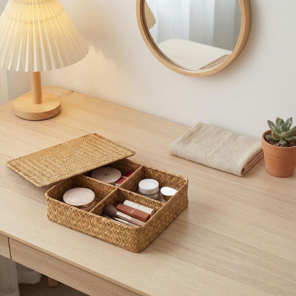 Covered Storage Box, Desktop Miscellaneous Storage Basket, Woven Rattan, Cosmetics, Snacks Storage Basket