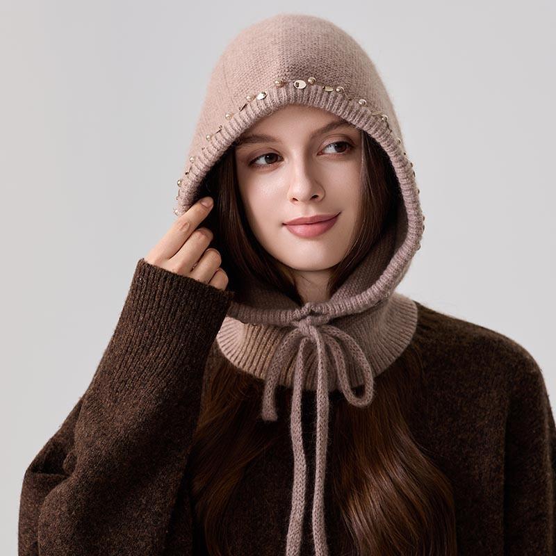 Winter new women's hooded scarf integrated hat pearl hemming thickened knitted hat cold neck protection women's hat