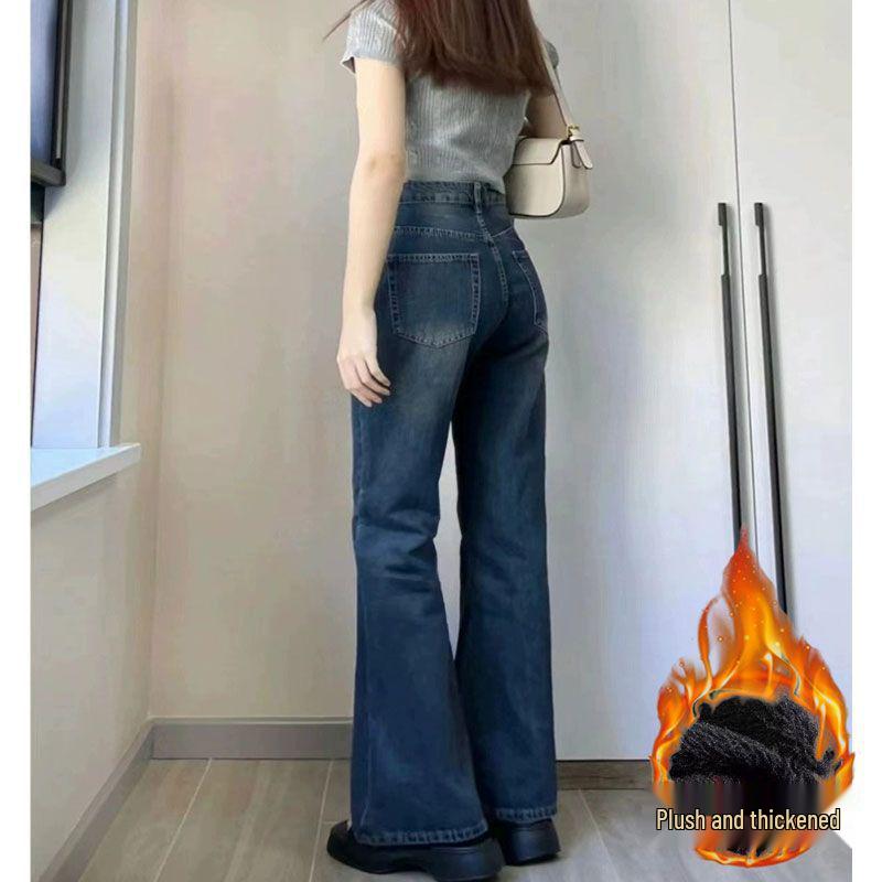 

Женские облегающие джинсы клеш с высокой посадкой и флисовой подкладкой для осени/зимы - Широкие от бедра. M синий