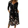 Women's Fashionable Color Printed Round Neck 3/4 Sleeve Button Collar Mid Length Casual Dress