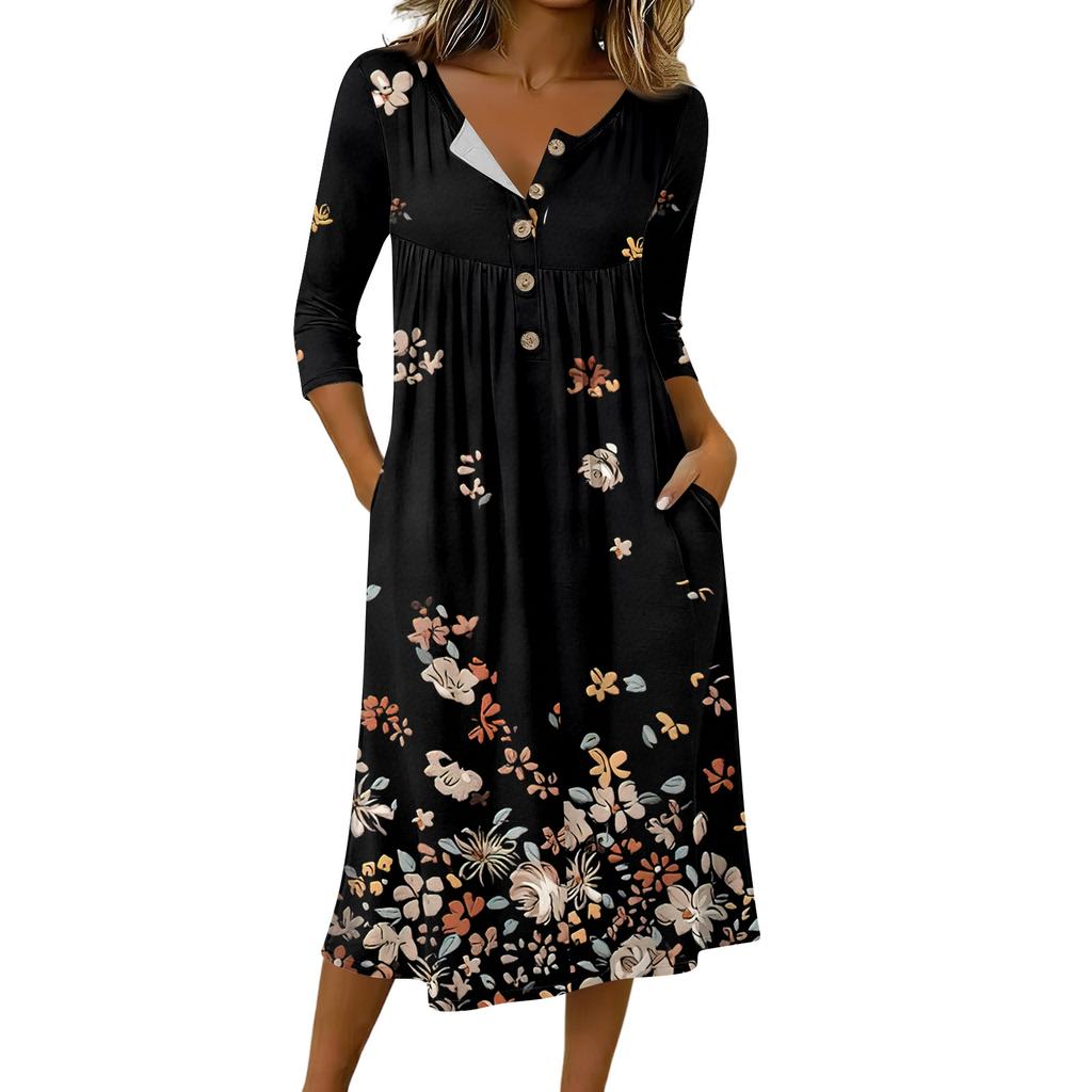 Women's Fashionable Color Printed Round Neck 3/4 Sleeve Button Collar Mid Length Casual Dress