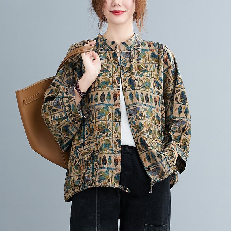 Camicia ampia retrò letteraria in cotone e lino da donna taglie forti primavera e autunno