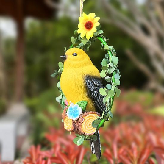 

Bird on Wreath Figurine Resin Bird Hanging Decoration Garden Tree Hanging Bird Statue for Patio Porch Terrace жовтий
