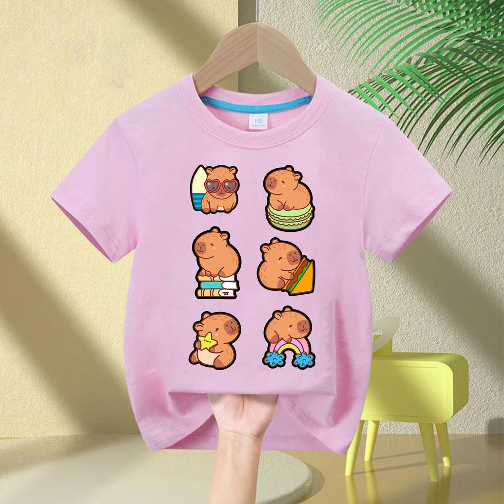 Top Casual de Manga Curta Infantil para o Verão Moda Meninos e Meninas Aniversário Fofo Capivara Camiseta Infantil com Estampa de Balão de Bolha de Coração