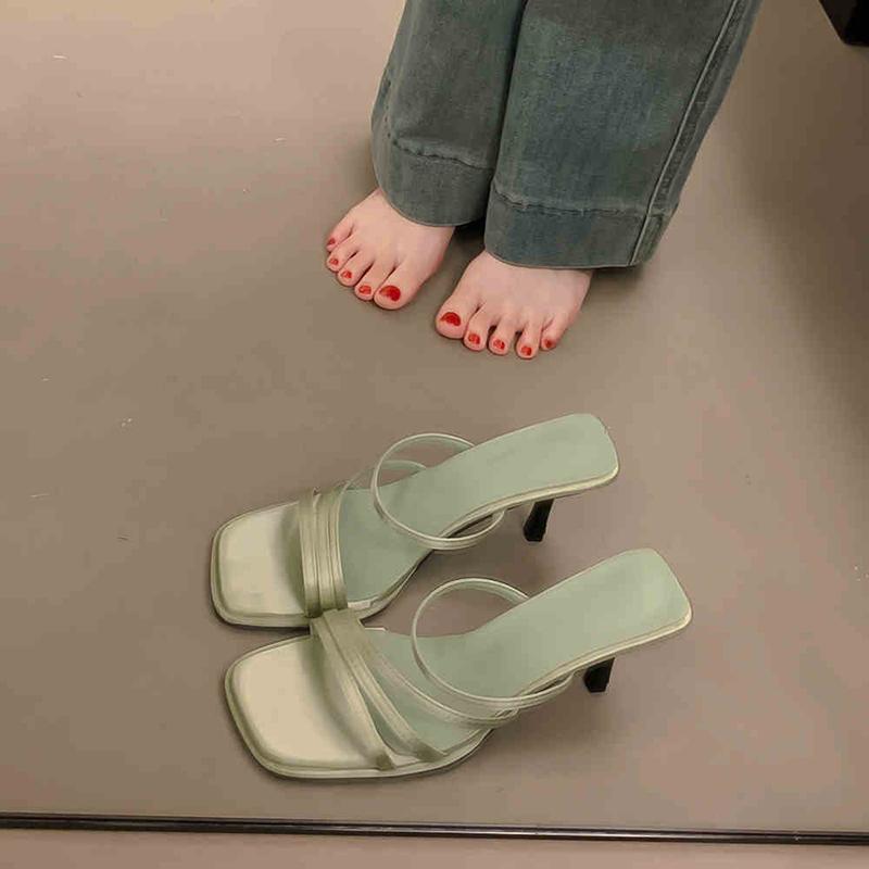 

Designer Summers Narrow Band Open Toe Women Slippers Shoes Casual Leopard Print Ladies Elegant Party Dress High Heel Slides 35 зелёный