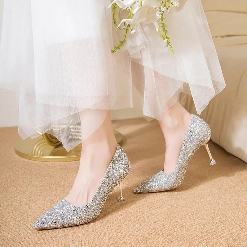 Fashion Elegant Woman Heeled Shoes Classics Bling Pointed Toe Women's Pumps Slip on Thin Heels Versatile Party Dress Wedding High Heels
