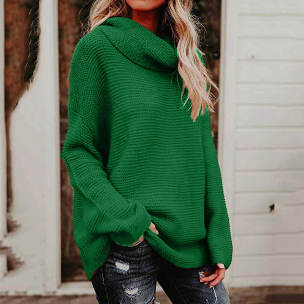 Fashion Winter Women Casual Solid Long Sleeve High Collar Lazy Loose Sweater