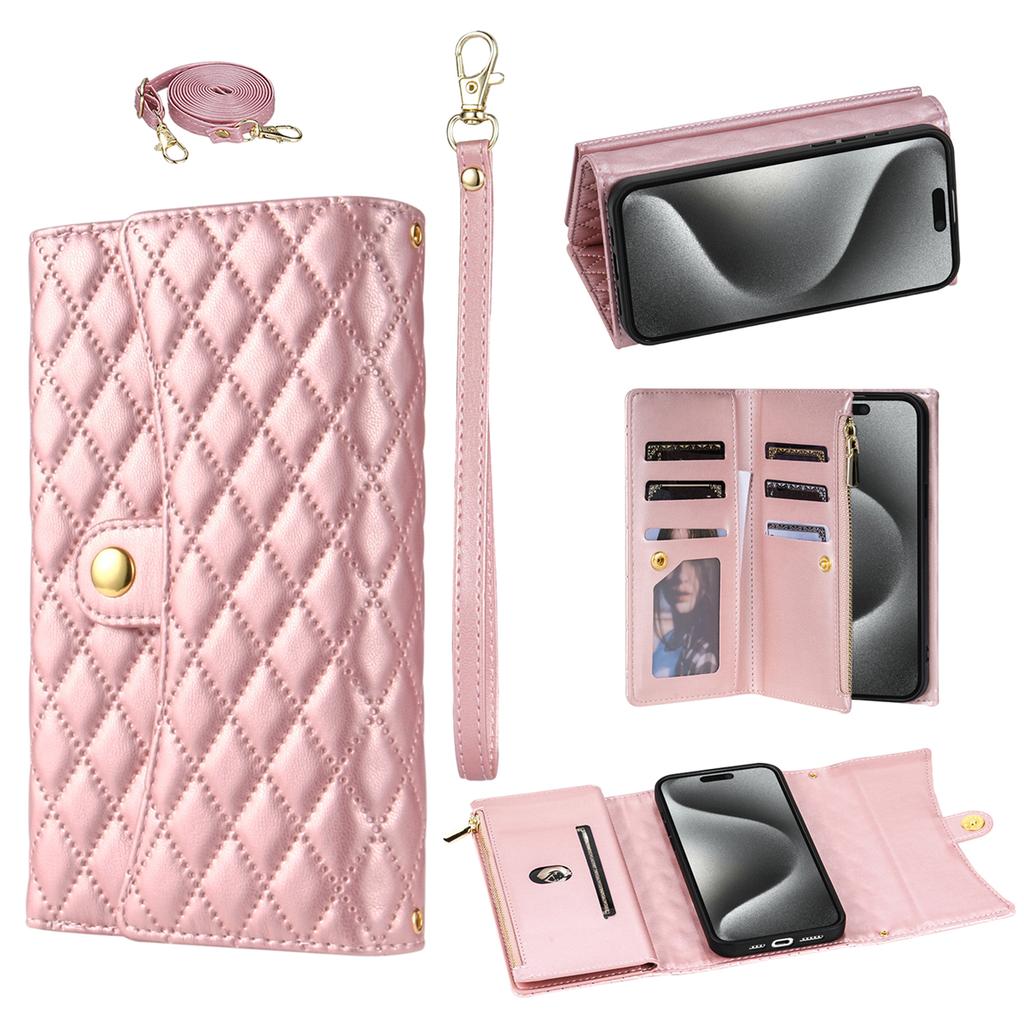 BKS-002 For iPhone 17 Pro Max Wallet Case PU Leather Stand Phone Cover with Shoulder Strap