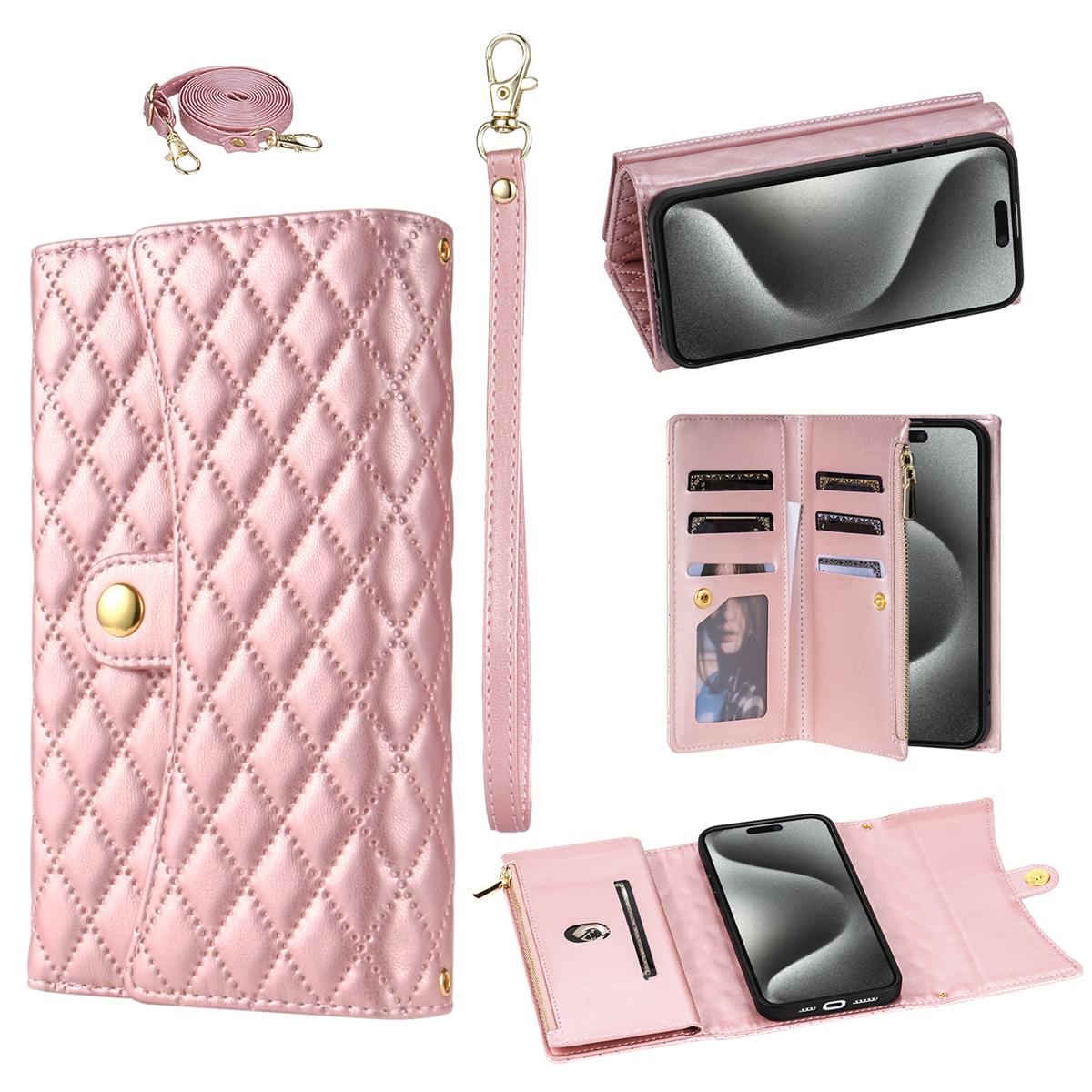 

BKS-002 For iPhone 16 Wallet Case PU Leather Stand Phone Cover with Shoulder Strap Rose Gold