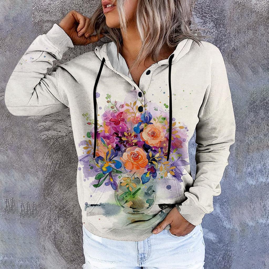 Dámská ležérní móda svetr s dlouhým rukávem a kapucí s květinovým potiskem