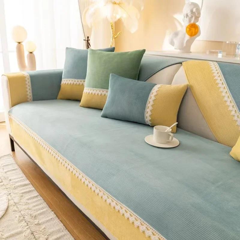 Modern Plush Sofa Cover Double Color Yellow Wide Edge Sofa Towel Pets Kid Mat Sofa Protector Slipcovers Removable Couch Blanket
