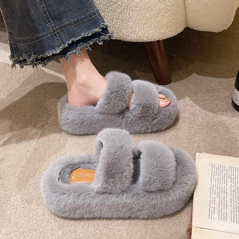 Mao Mao slippers women's autumn and winter outer wear warm thick-soled one-word slippers plush drag casual double-belt cotton slippers
