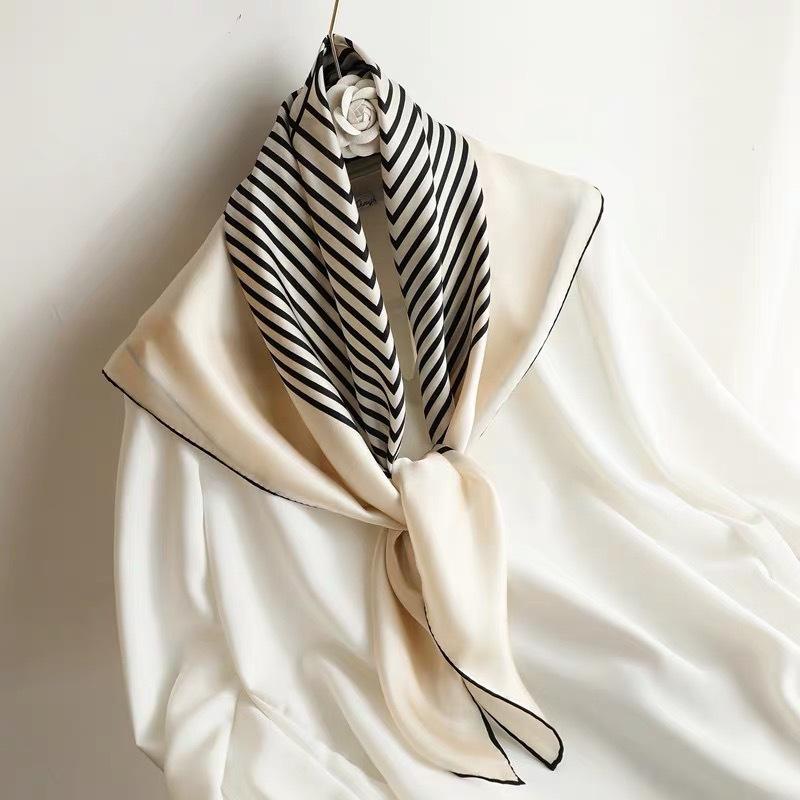 Striped Pattern Large Square Scarf 90 Silk Silk Scarf Women'S 100 Mulberry Silk Scarf Versatile Handmade Hand-Curled Scarf