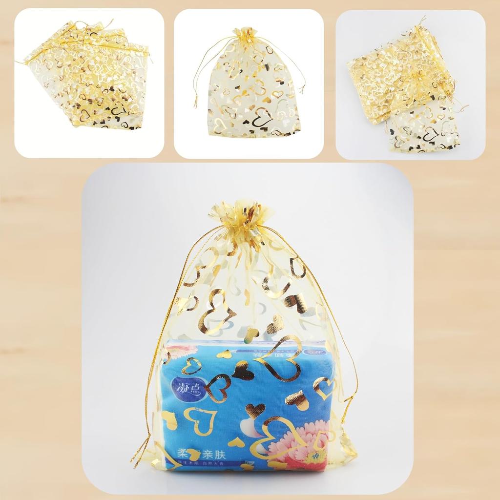 QIANHAILIZZ 100 Pack 7 x 9 Inch Drawstring Flower Heart Bags Organza Jewelry Gift Pouch Candy Pouch Drawstring Wedding Favor Bags (gold heart)