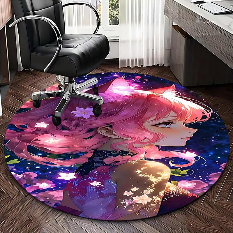 1pc Anime Design Round Carpet Office Chair Mat with Floral Prints, Non Slip Rug for Home Decor, All Seasons