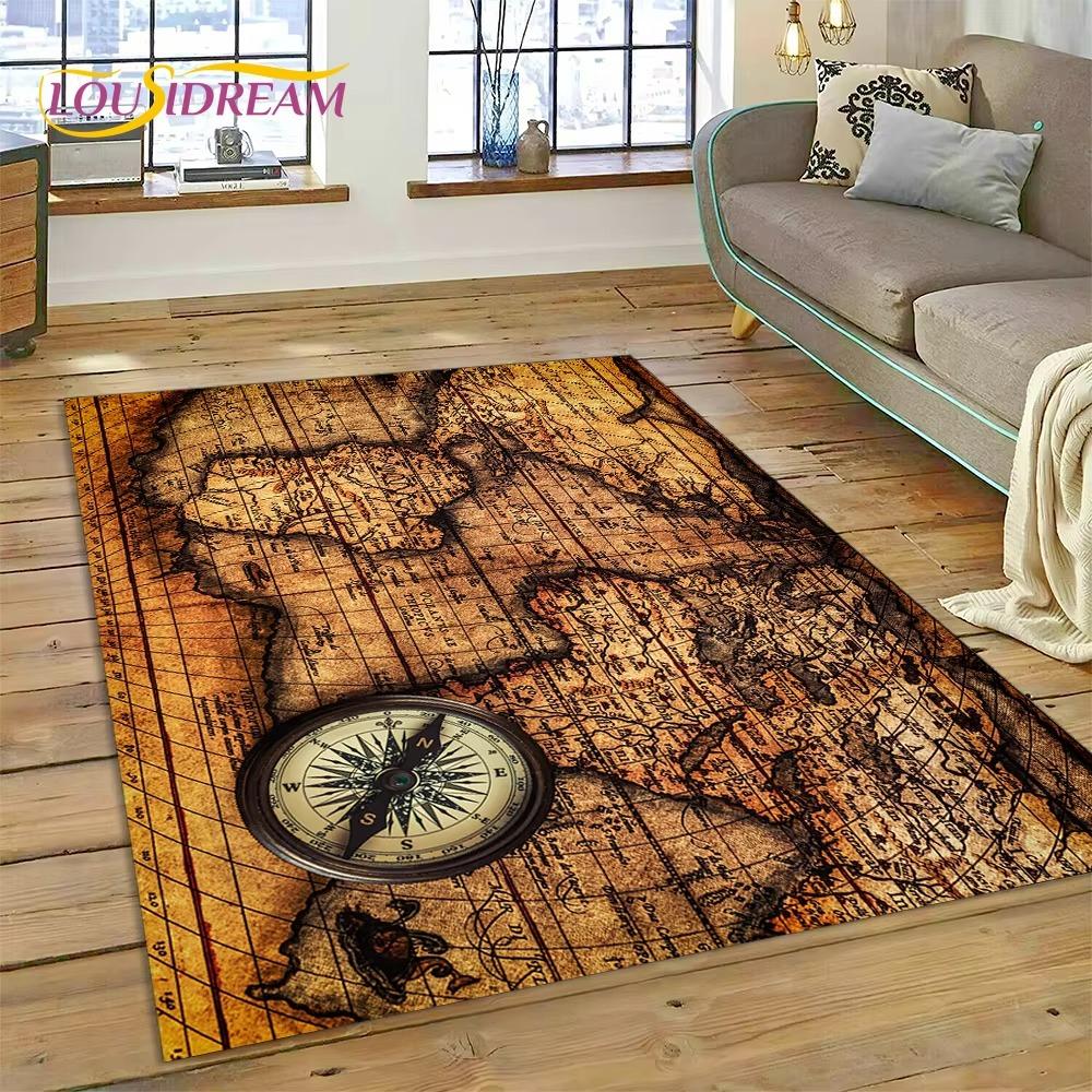 Ancient Nautical Chart World Map Compass Rug Carpet for Living Room Bedroom Decor,Floor Mat Non-slip Decoration for Sofa Doormat