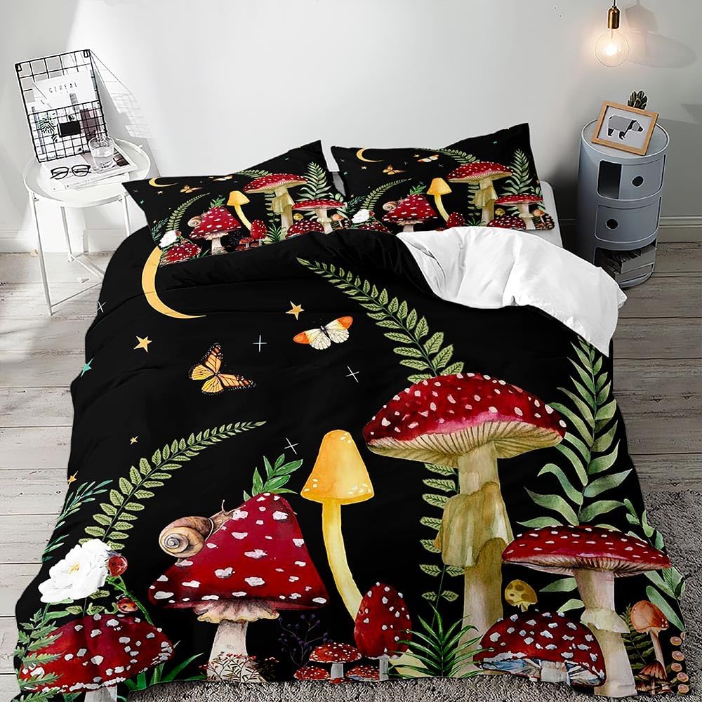 Olive Green Queen King Size Duvet Cover Set Boys Girls Kids Bedding Magic Forest Wonderland Plants Fungi Mushrooms  3 Piece Set