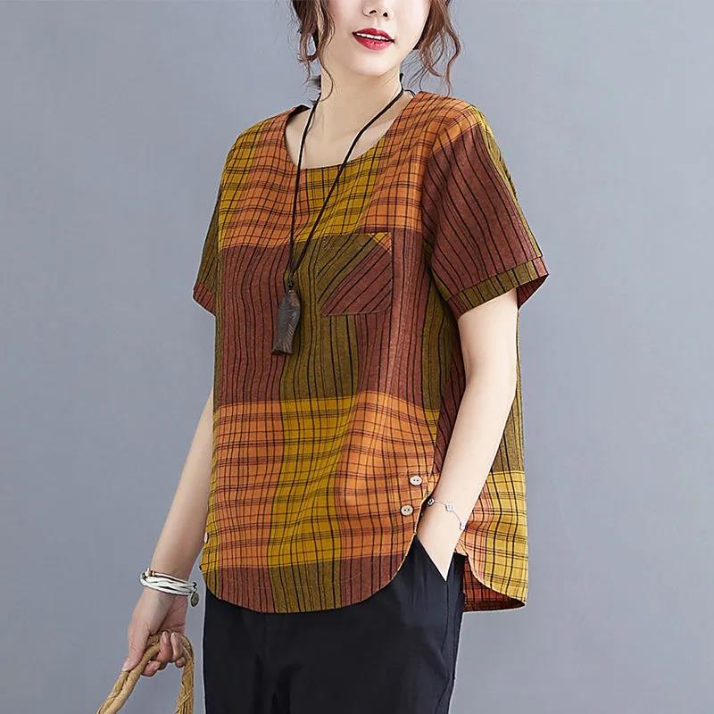 Cotton Linen Retro Literary Top Summer Plaid Loose Girls T-shirt All-match Fashion Short-sleeved Gown