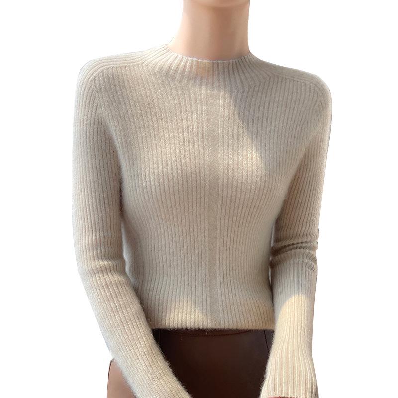 Women's Autumn-Winter Slim Fit 100% Wool Half-High Neck Pullover Sweater
