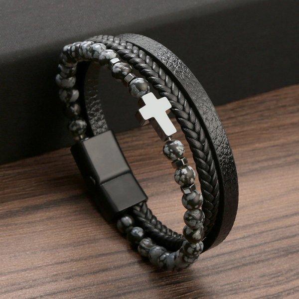 Gebet Herren Naturstein Perlen Rosenkranz Kreuz Armbänder Mehrschichtiges Lederarmband Damen Yoga Meditation Schmuck Homme Pulsera