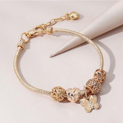 Adjustable Beaded Alloy Heart Butterfly Charm Copper Bracelet with Sticky Diamonds