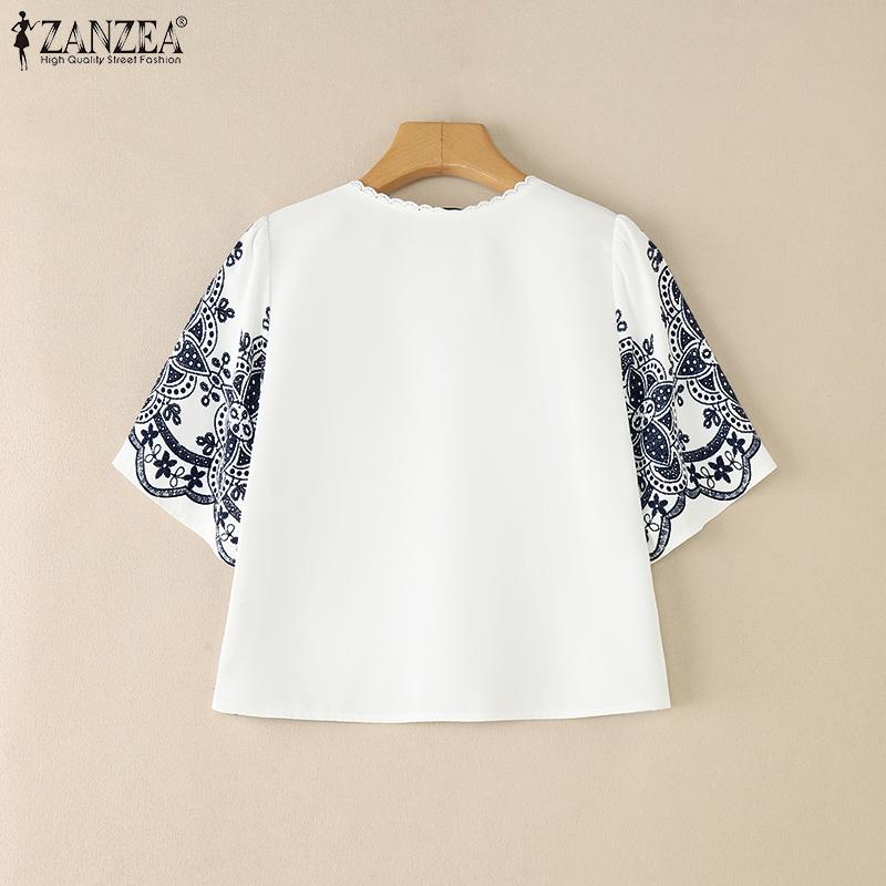 ZANZEA Damen Druck Lässig Sommer V-Ausschnitt Kurzarm Schnürbluse