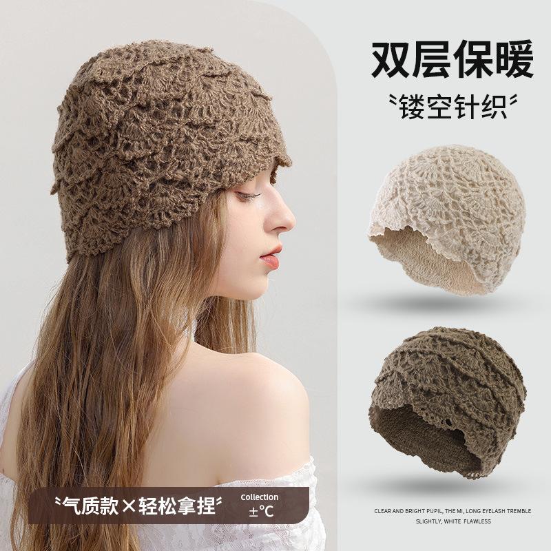 Beret women's autumn and winter handmade knitted wool hat double-layer warm and windproof retro niche stacked bag head cold hat