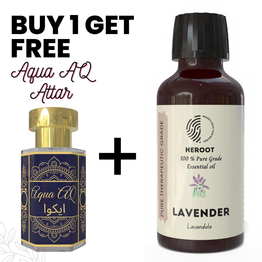 Lavender Essential Oil 10ml for Aromatherapy & Home Fragrance get 1 Free 6 ml Attar – Aqua AQ, Dubai Oud, Aura, White Oud