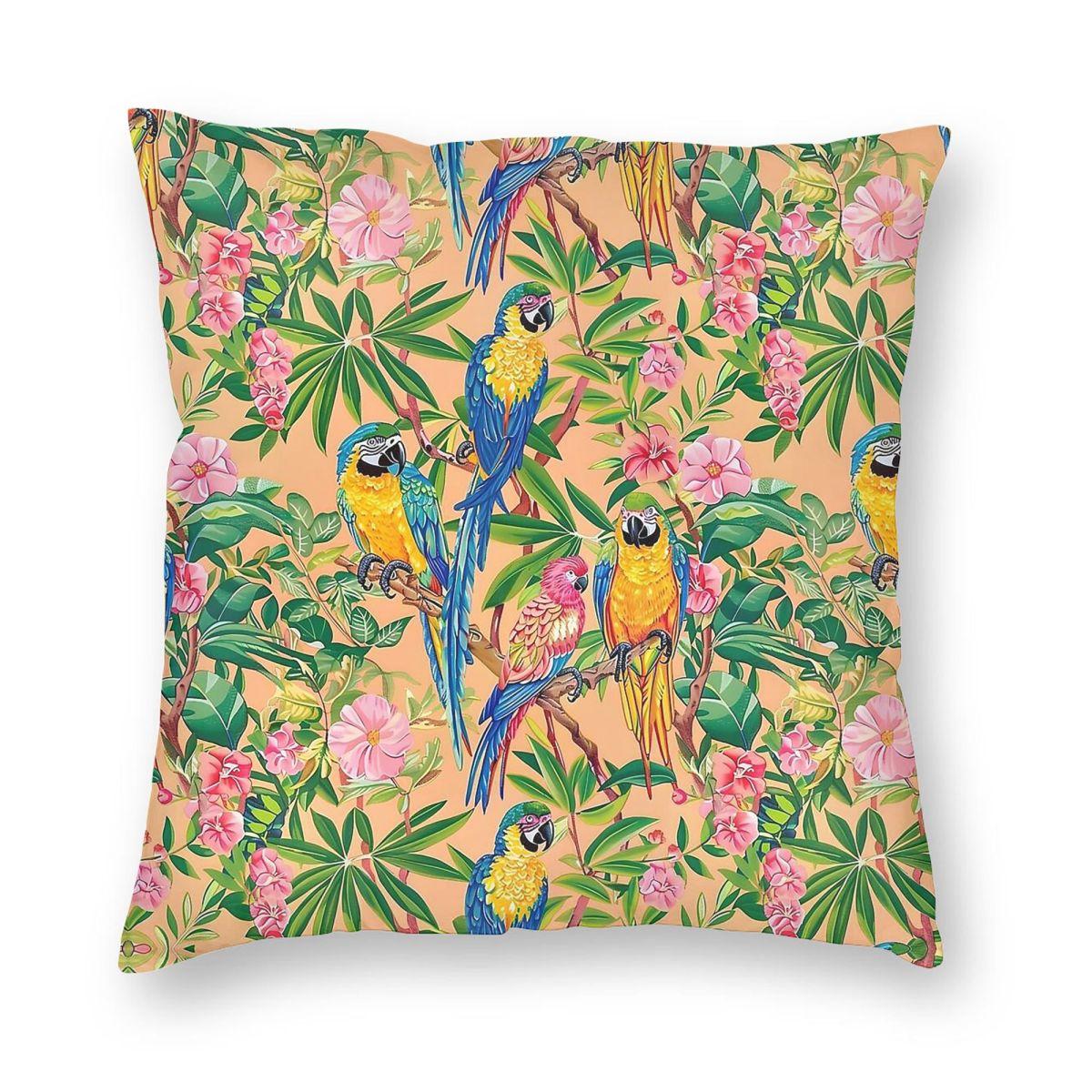 Macaw Parrots Pink Clematis Square Pillowcase Polyester Linen Velvet Creative Zip Decorative Throw Pillow Case Bed Cushion Cover 30x30cm