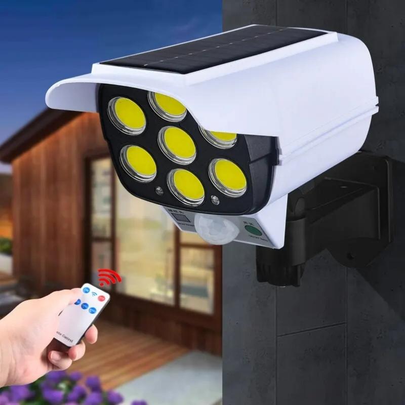3 Modes Multi-angle Lighting Remote Control Solar Powered Simulation Monitoring Induction Wall Lamp with Red Light Warning