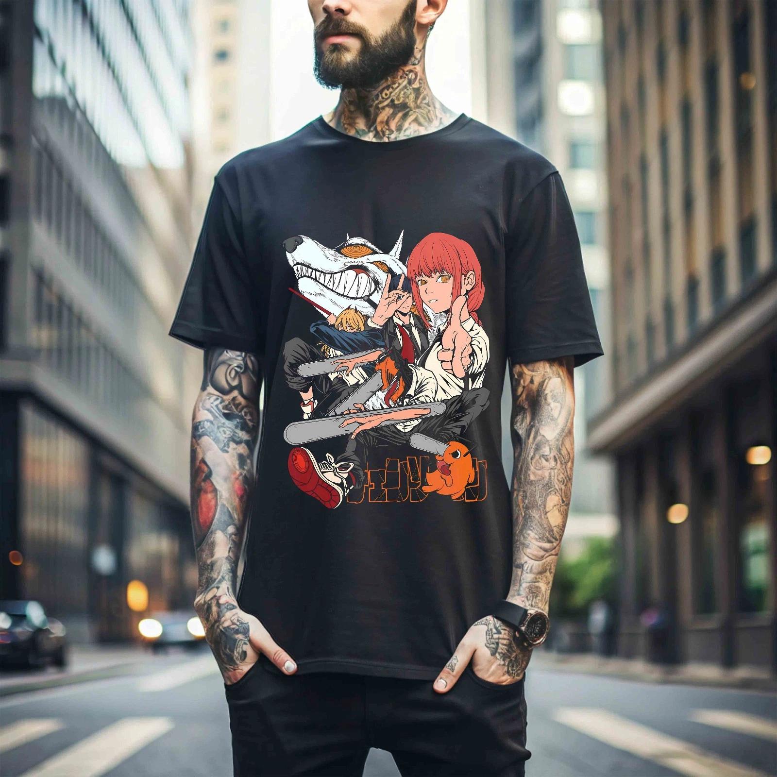 

100% хлопок ТОПЫ УНИСЕКС ФУТБОЛКИ МУЖСКИЕ ЖЕНСКИЕ Футболка Человек-бензопила Дэндзи и Макима Футболка Аниме Манга Футболка Почита 532 4XL чёрный