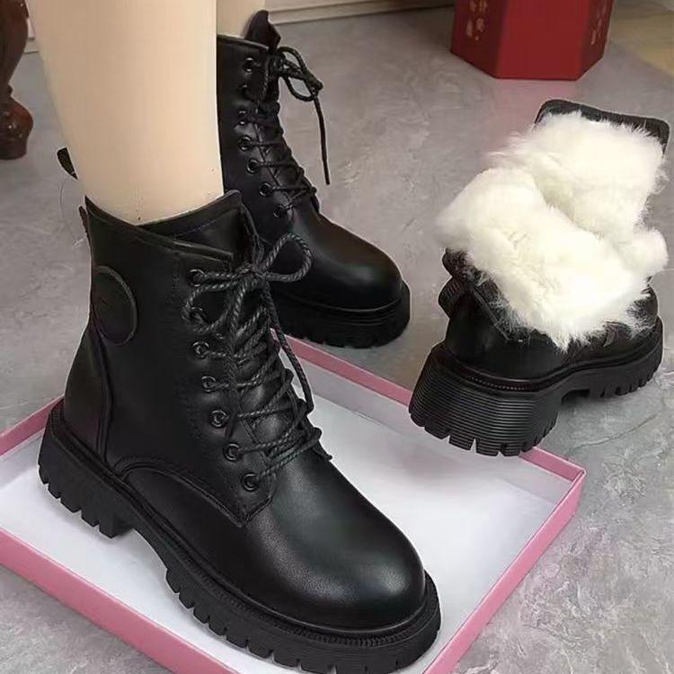 Women's Genuine Leather Martin Boots: Thick Sole, Plus Velvet, Wool-Lined, Warm, British Style, Autumn/Winter Snow Boots.