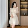 Real Shot Chic Design Sense Long Sleeve Chiffon Dress Children Waist Temperament Design Sense Small Short Skirt Autumn